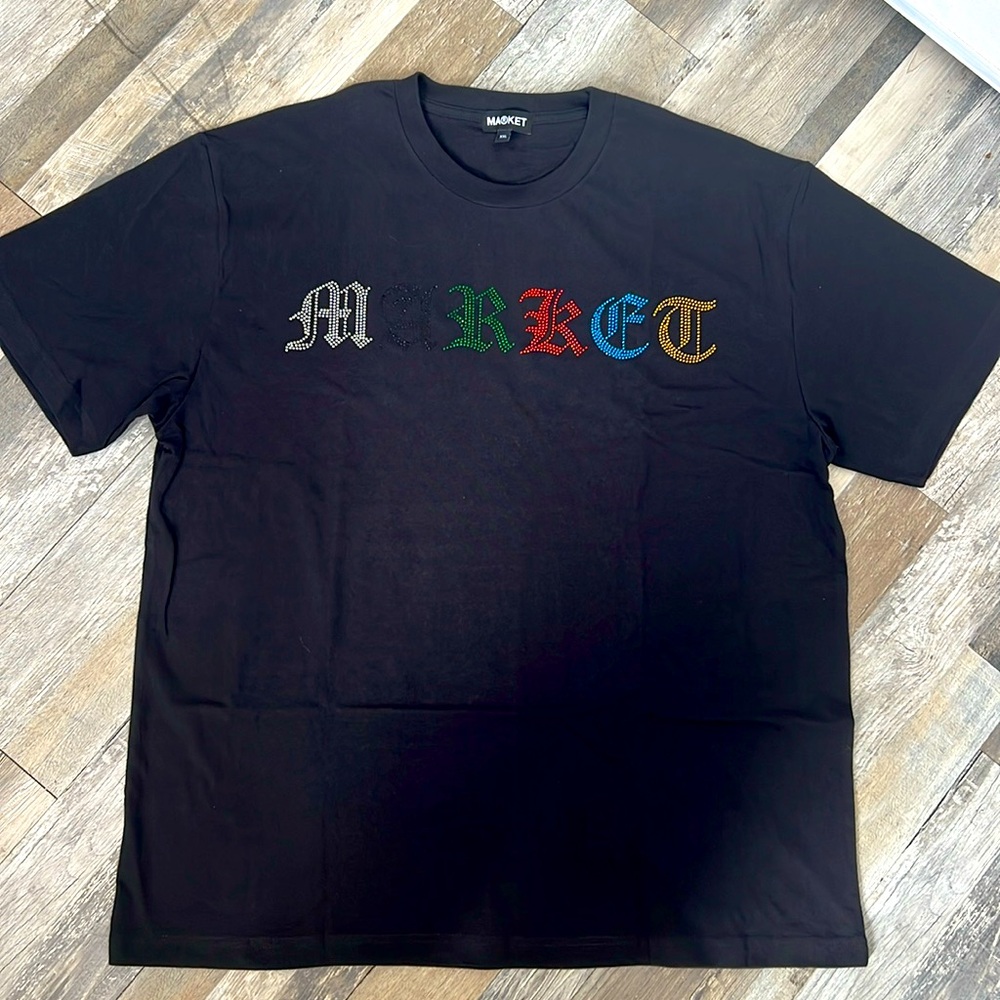Market Graphic T Shirt Sz. 2XL shirt unisex MKT black front word in rhinestones